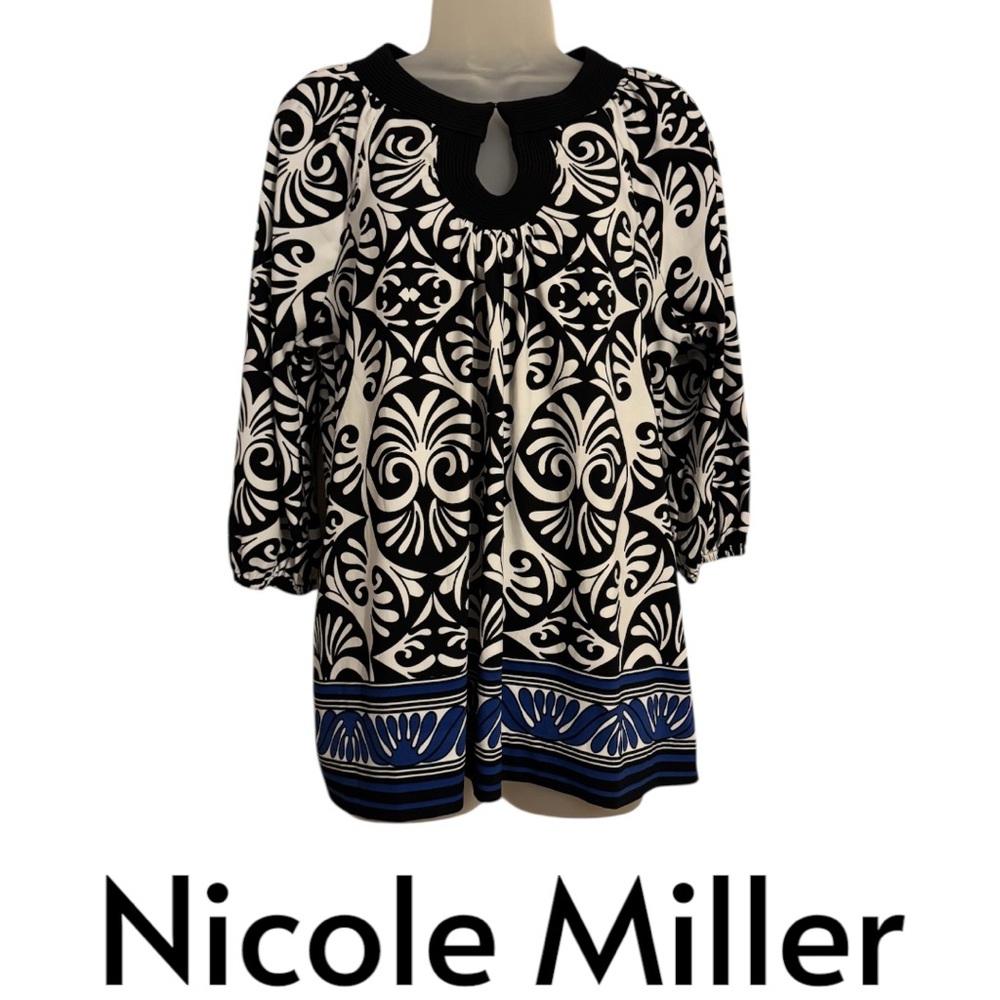 Nicole Miller Black/White Blouse w/Blue Trim & Neckline Detail 40" BUST #1 - Picture 1 of 11